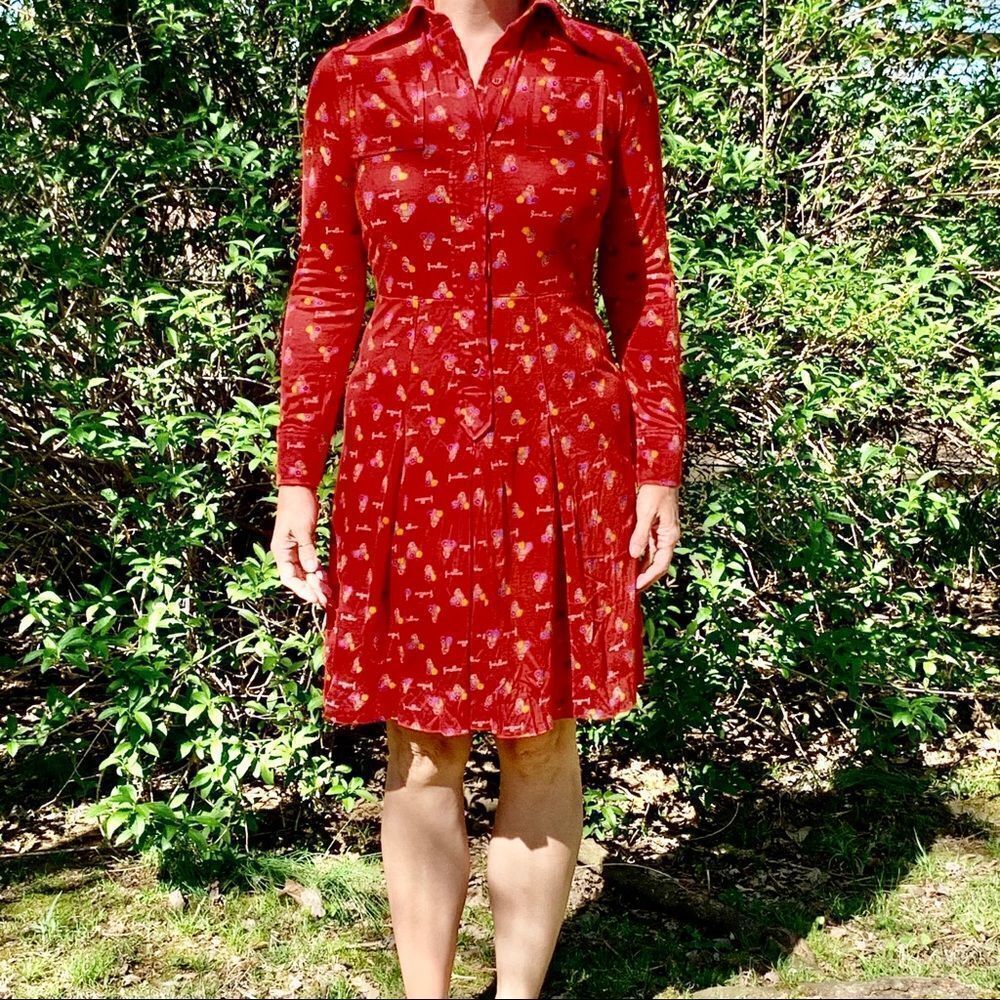 Vtg‎ 70s red knit Greek made floral print shirtwaist dress